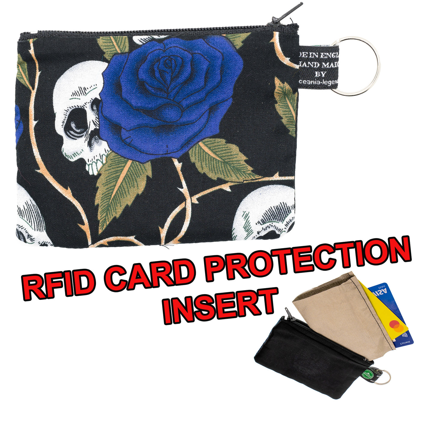 blue Roses & skulls on our handmade zipped coin purse with RFID Blocker