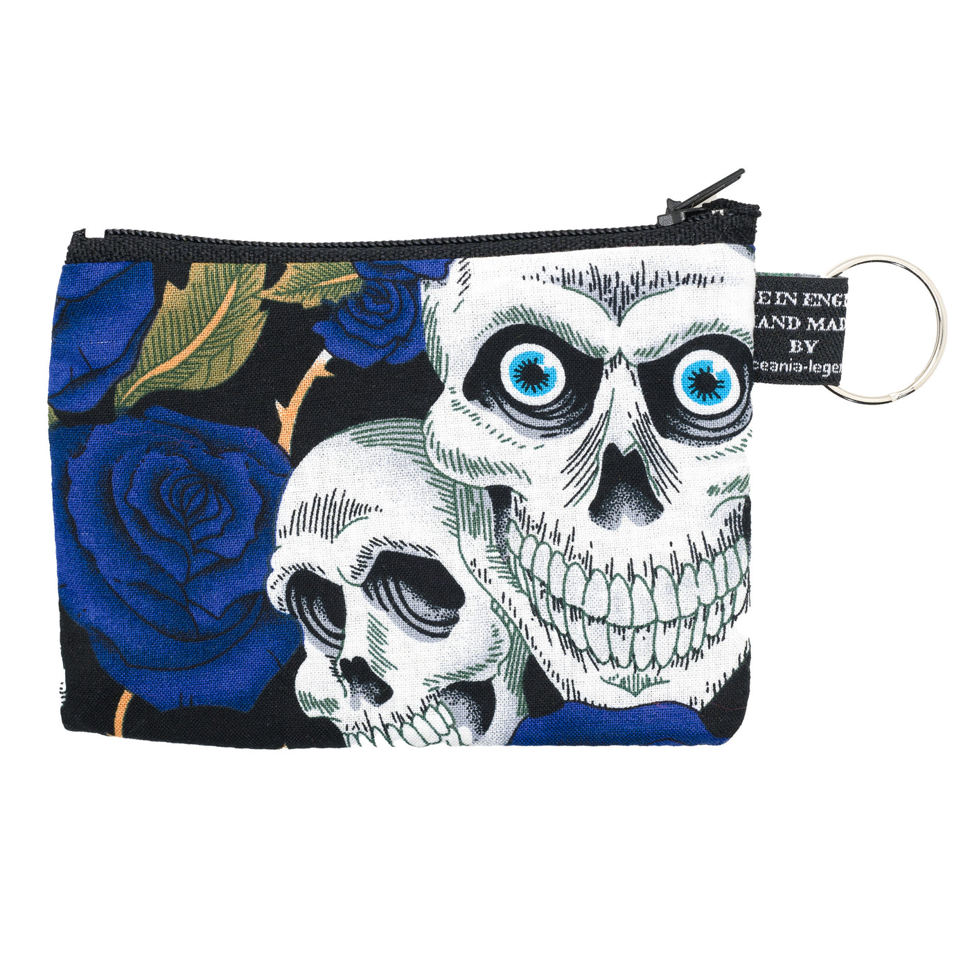 blue Roses & skulls on our handmade zipped coin purse