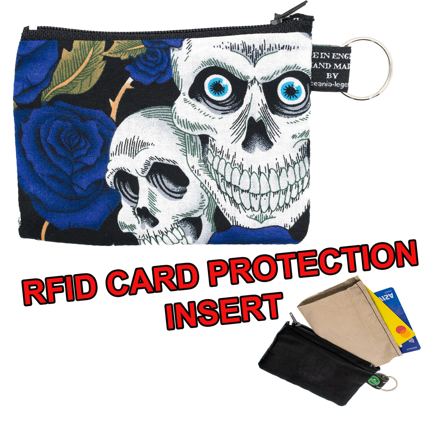 blue Roses & skulls on our handmade zipped coin purse with RFID protective sleeve
