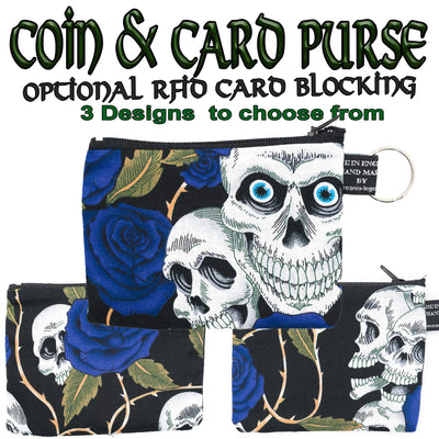 Skull & Blue Rose Coin & Card Purse with optional RFID Protection