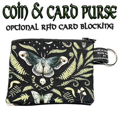 Cotton Coin and Card Purse with a deaths head hawk moth, skull, fern & mushroom design