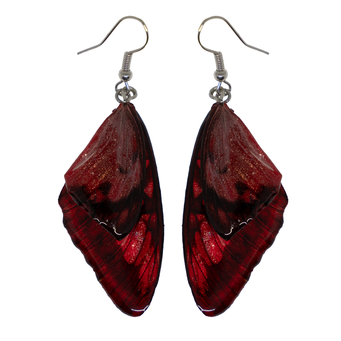 Red real butterfly wings encased in resin & attached to 925 sterling silver wires