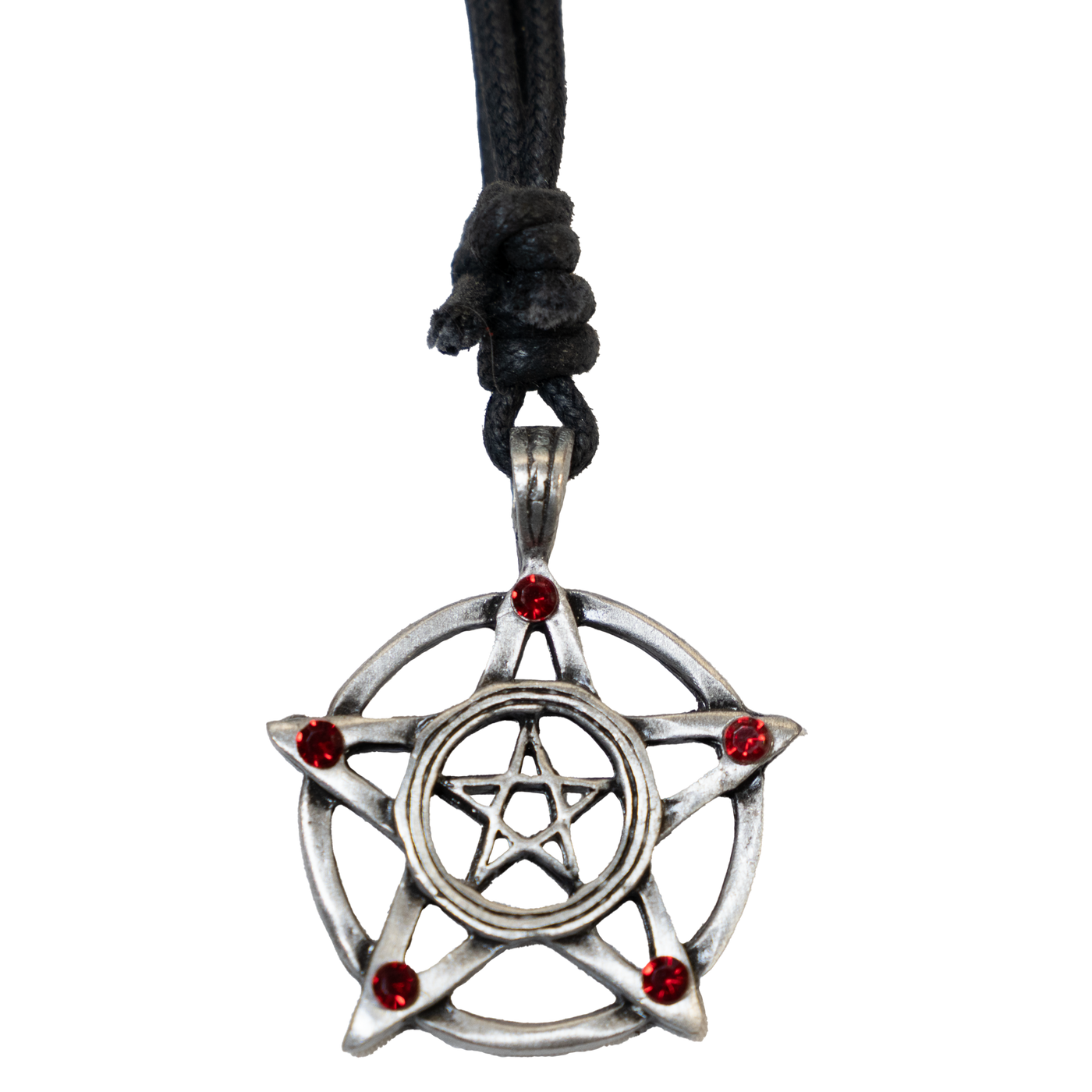 pentagram pendant made in a pewter finish it has a circle around the pentagram with a pentagram in the centre.  a red stone is set at each of the outside points
