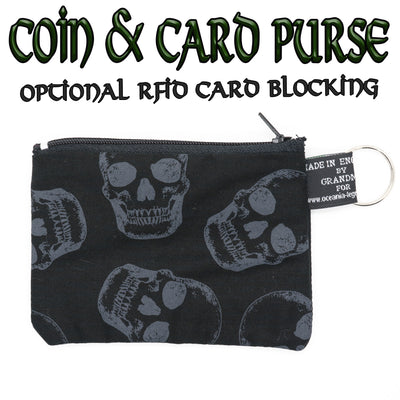 Skull design on our handmade zipped cotton purse, grey skulls on black, with optional RFID Blocker