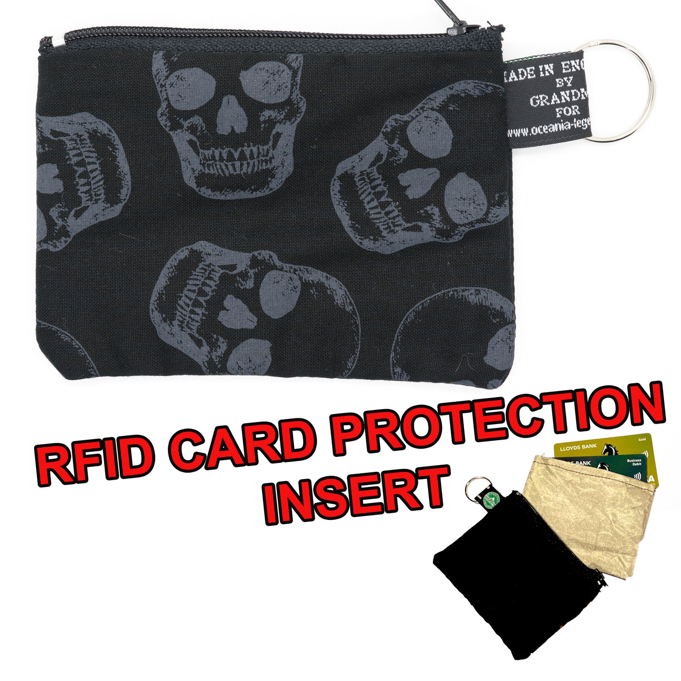 Skull design on our handmade zipped cotton purse, grey skulls on black, with RFID Blocker