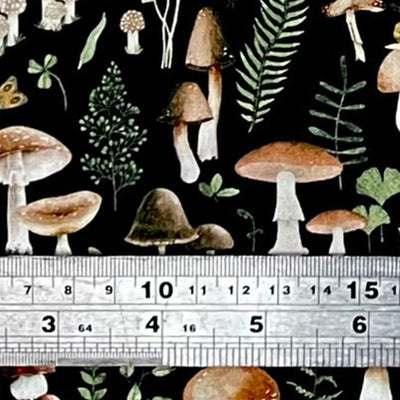 Mushroom & Toadstool Bandana Handmade 100% cotton bandana , with snails, moths, foliage, ferns all printed on a black fabric.  With an overlocked edge to prevent fraying