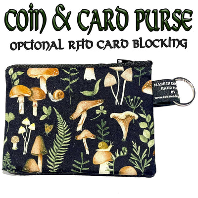 Mushroom & Toadstool cotton coin & card purse.  With moths, snails & foliage