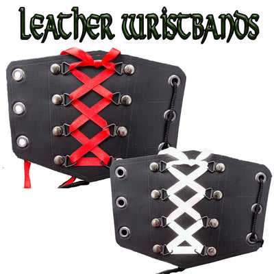 Real leather wristband, wristcuff with red or white ribbon plaited decoration running down the centre, attached with bootlace cord, great costume accessory