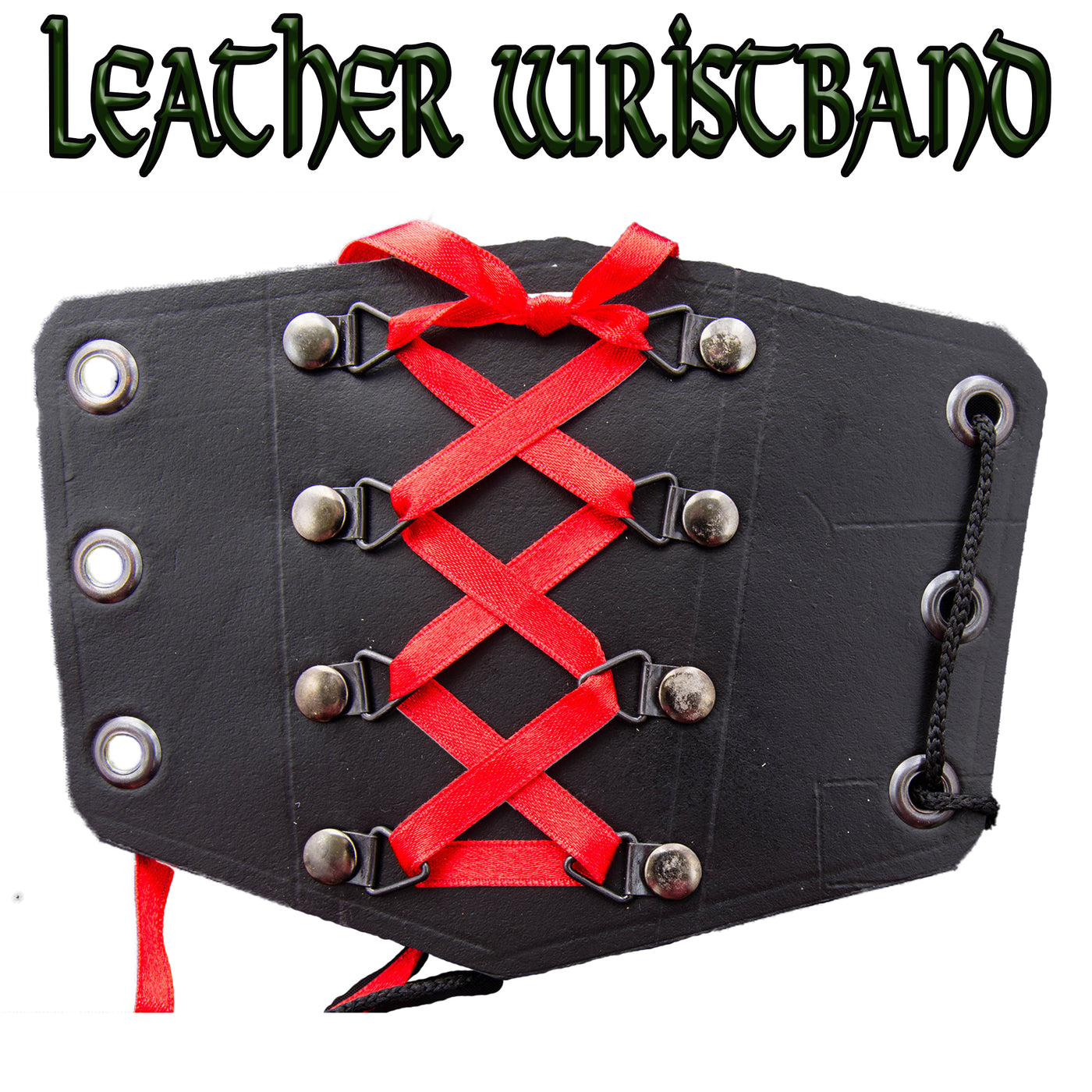Real leather wristband, wristcuff with red ribbon plaited decoration running down the centre, attached with bootlace cord, great costume accessory