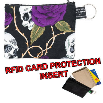 Purple Rose & Skull zipped cotton purse, with RFID Protection