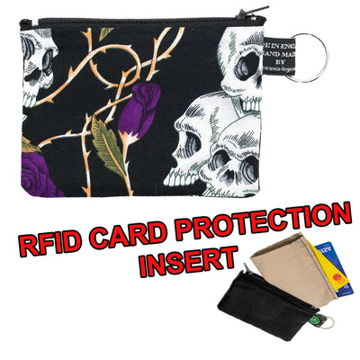 Purple Rose & Skull zipped cotton purse with RFID Blocker