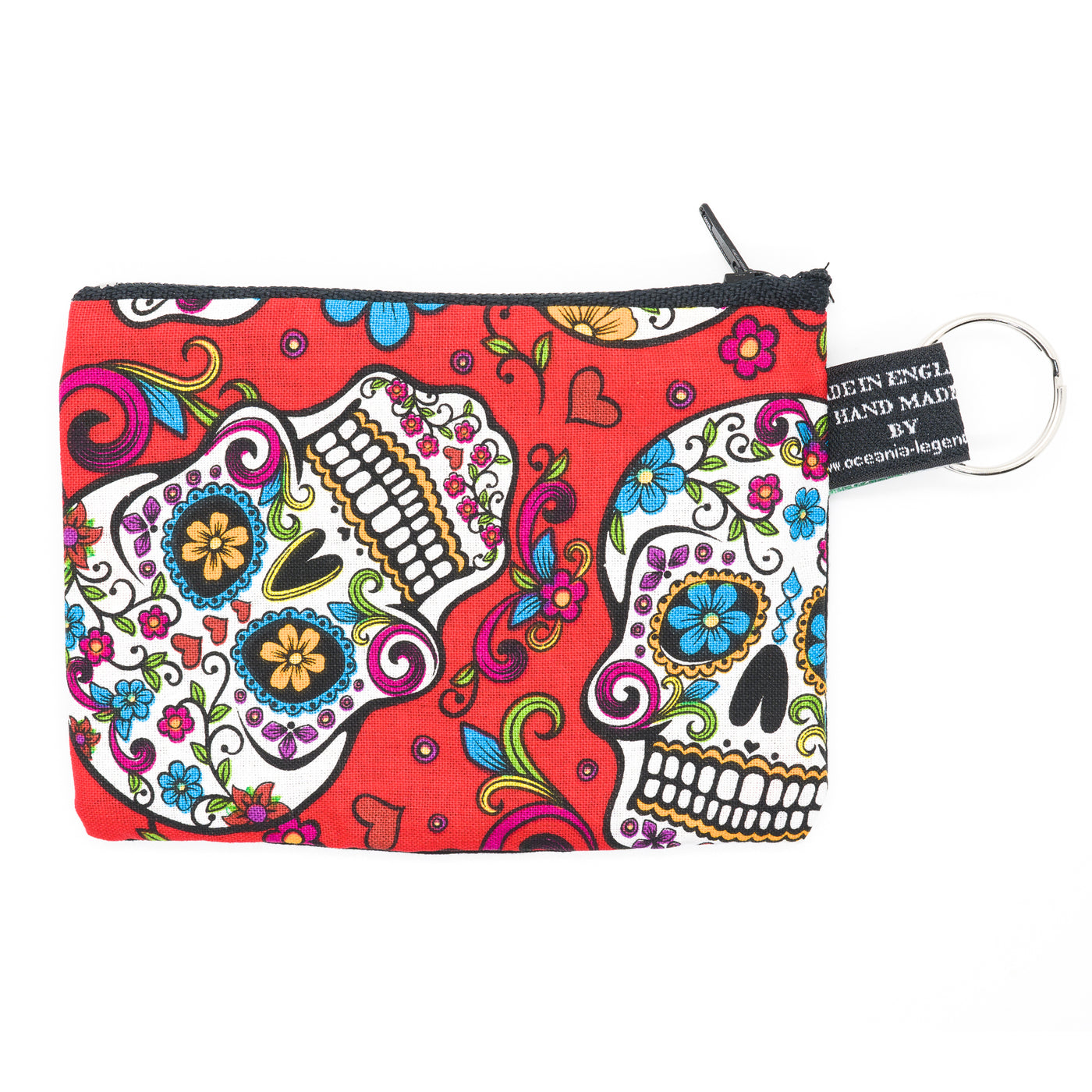 Bright Red Sugar Skull or Candy Skull zipped cotton purse