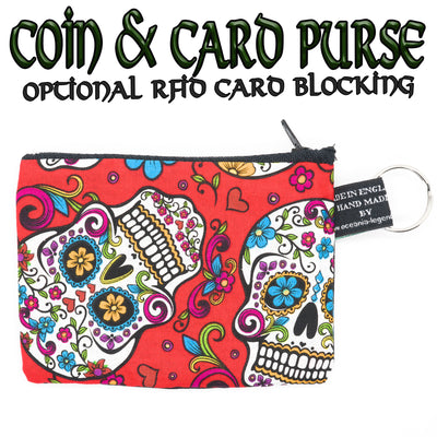 Bright Red Sugar Skull or Candy Skull zipped cotton purse
