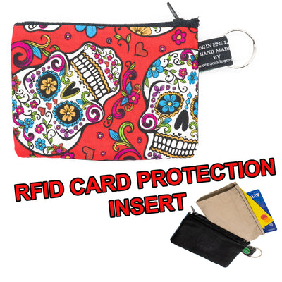 Bright Red Sugar Skull or Candy Skull zipped cotton purse with RFID protection
