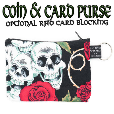 Skull, Red Rose & Thorn Design zipped coin purse