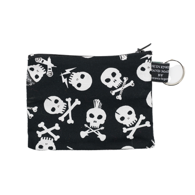 Skull rockers design zipped coin purse white on black. guitars, mohawks, punk rockers