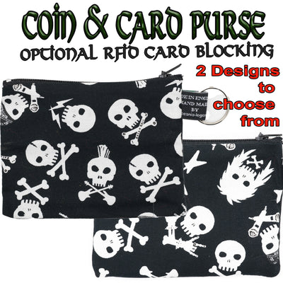 Skull rockers design zipped coin purse white on black. guitars, mohawks, punk rockers