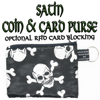 Satin skull & crossbones design in black & silver, zipped coin & card purse with optional RFID blocker