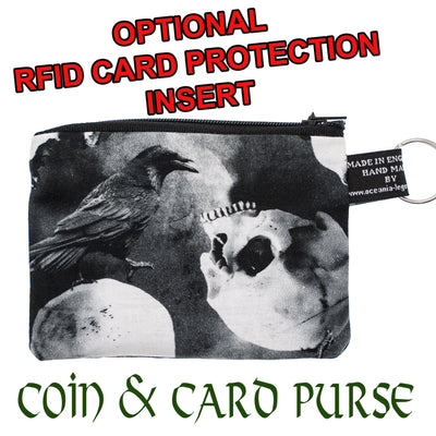 Raven on Skull Coin & Card Purse with optional RFID Protection