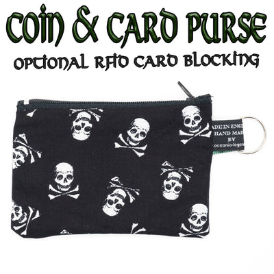 Skull & Crossbones cotton zipped coin & card purse with optional RFID card blocker