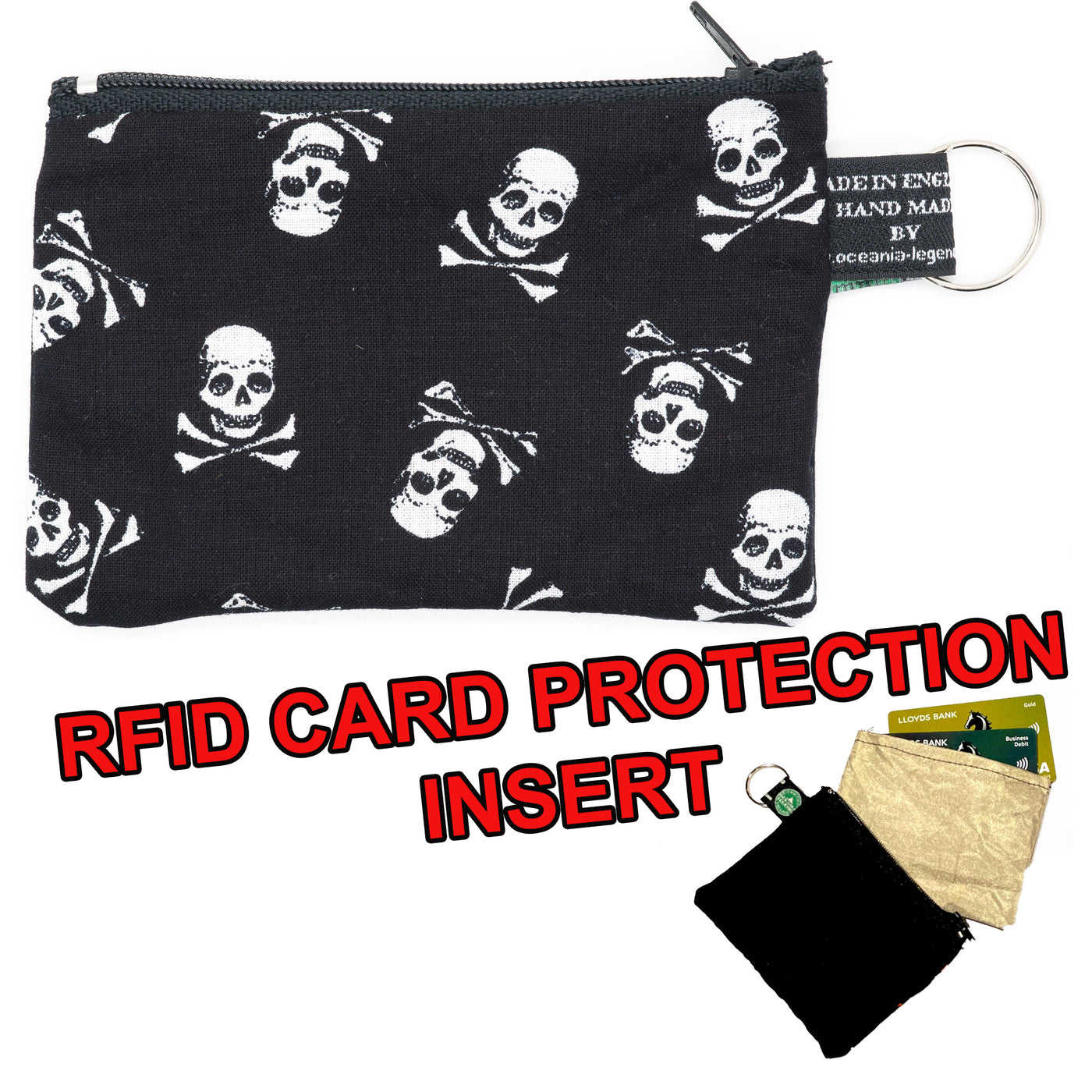 Skull & Crossbones cotton zipped coin & card purse with RFID card blocker