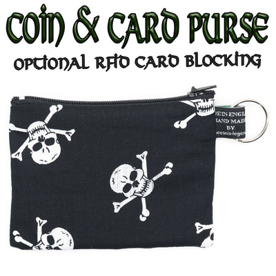 Skull & Crossbones Black & White cotton zipped purse for coins & cards with optional RFID protection