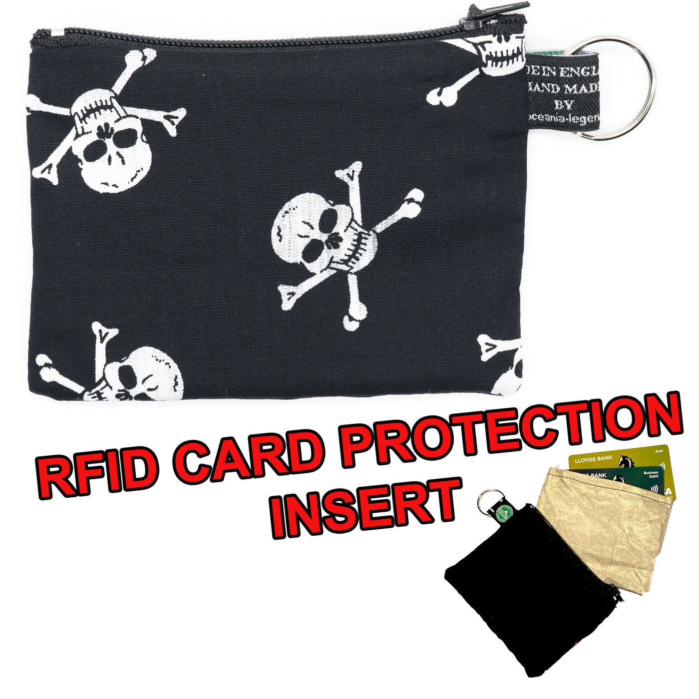 Skull & Crossbones Black & White cotton zipped purse for coins & cards with RFID protection