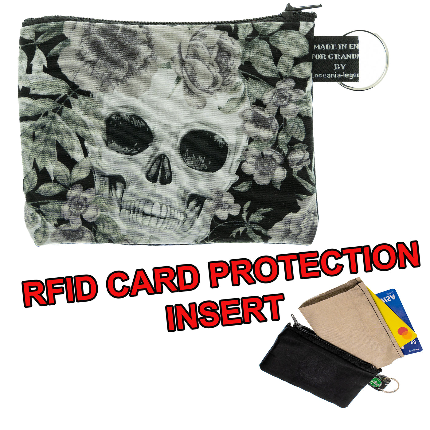 gothic skulls wearing a floral headdress zipped coin & card purse with RFID Protection
