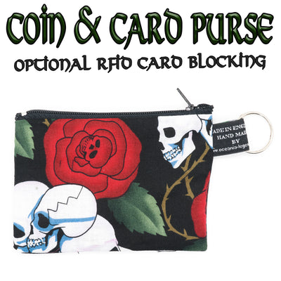 Skull & Rose Designer handmade cotton zipped coin & card purse with optional RFID protection