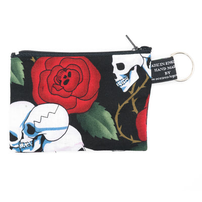 Skull & Rose Designer handmade cotton zipped coin & card purse with optional RFID protection