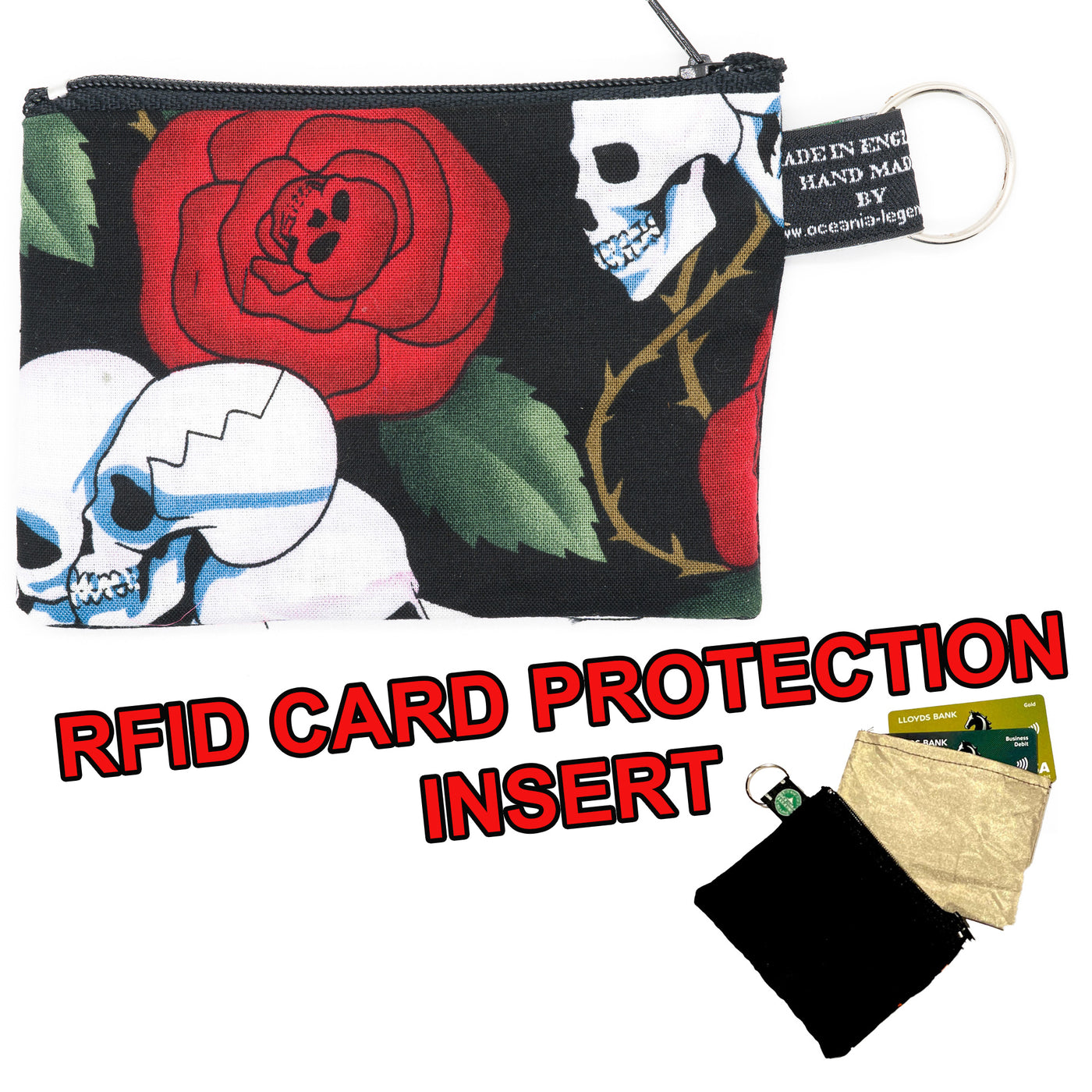 Skull & Rose Designer handmade cotton zipped coin & card purse with RFID protection.  Protect your credit cards