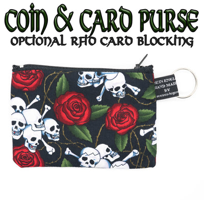 Black cotton purse with a skull & crossbones & rose design, zipped purse