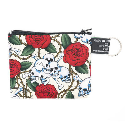 skull and crossbones surround in red roses and thorns, zipped coin purse