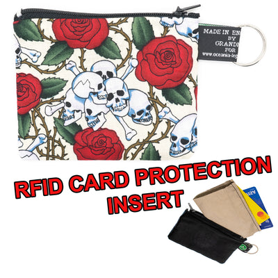 skull and crossbones surround in red roses and thorns, zipped coin purse with RFID Protection