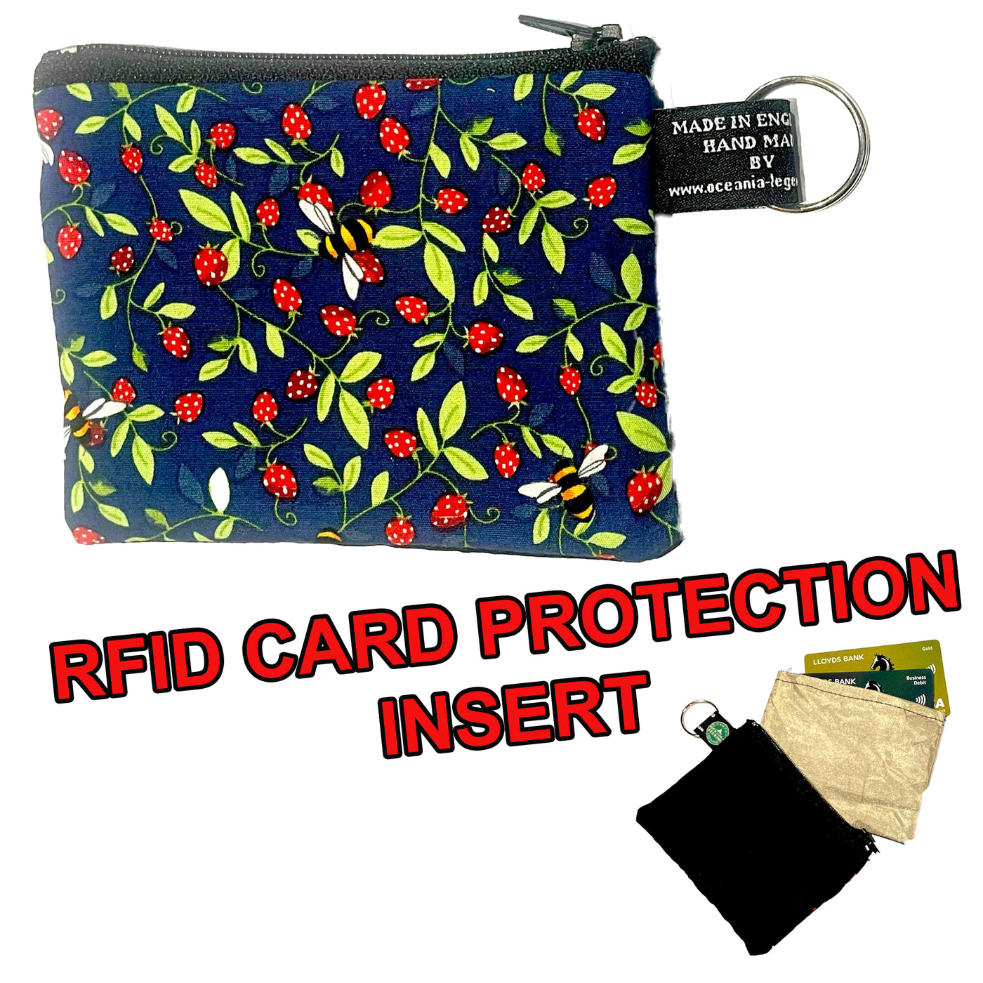 Strawberry & Bee Cotton zipped purse handmade with RFID Blocker insert
