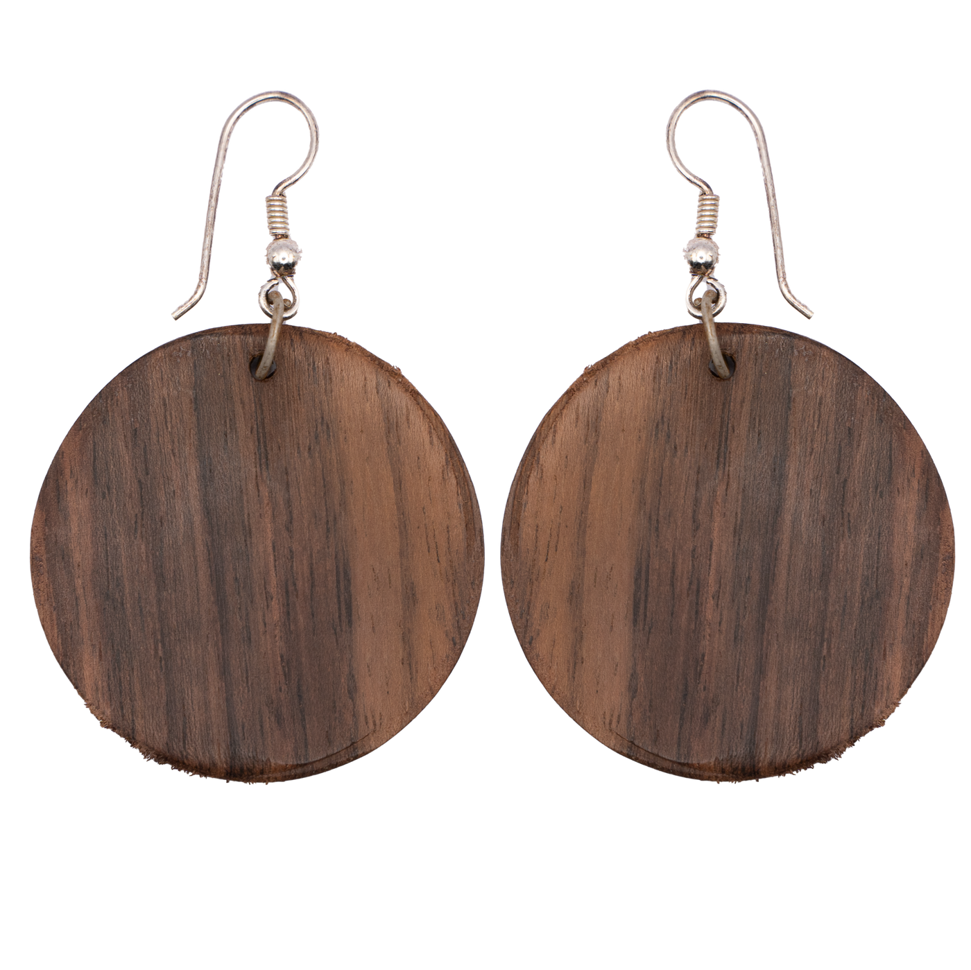 Beautiful round teak wooden earrings with a 925 sterling silver hook to secure in place, approximately 5cm long