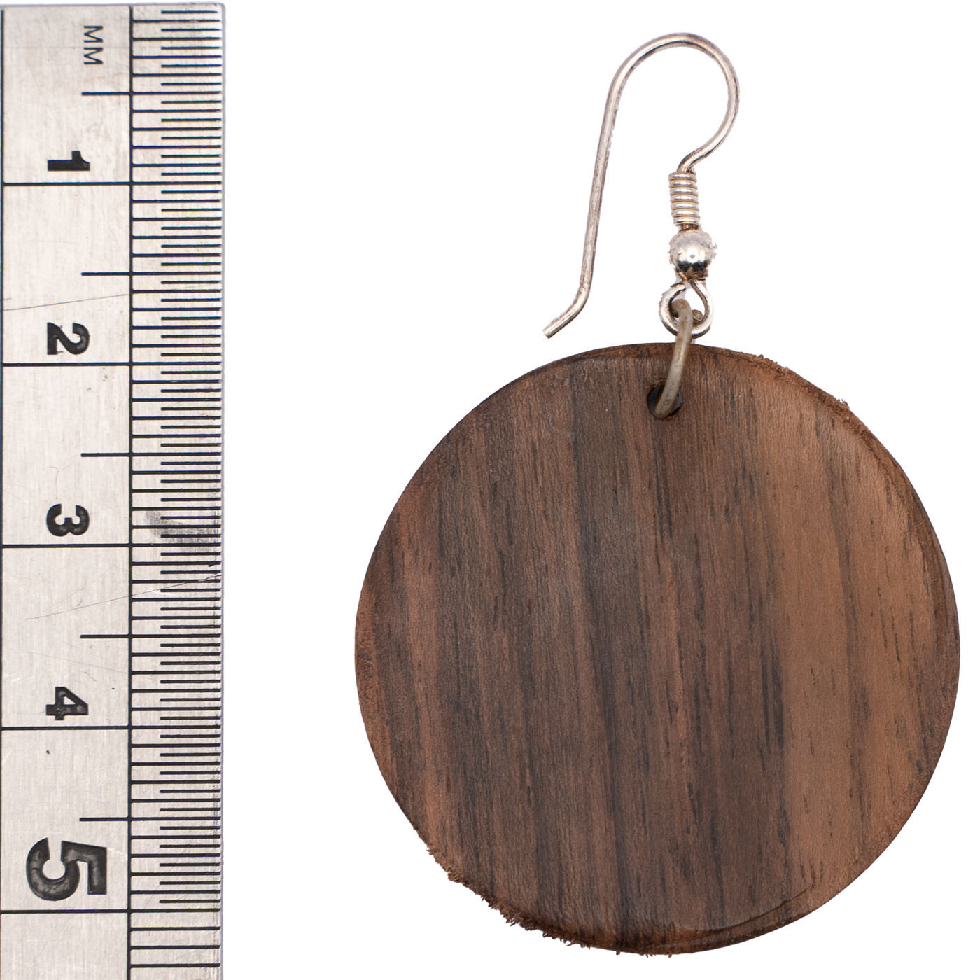 Beautiful round teak wooden earrings with a 925 sterling silver hook to secure in place, approximately 5cm long