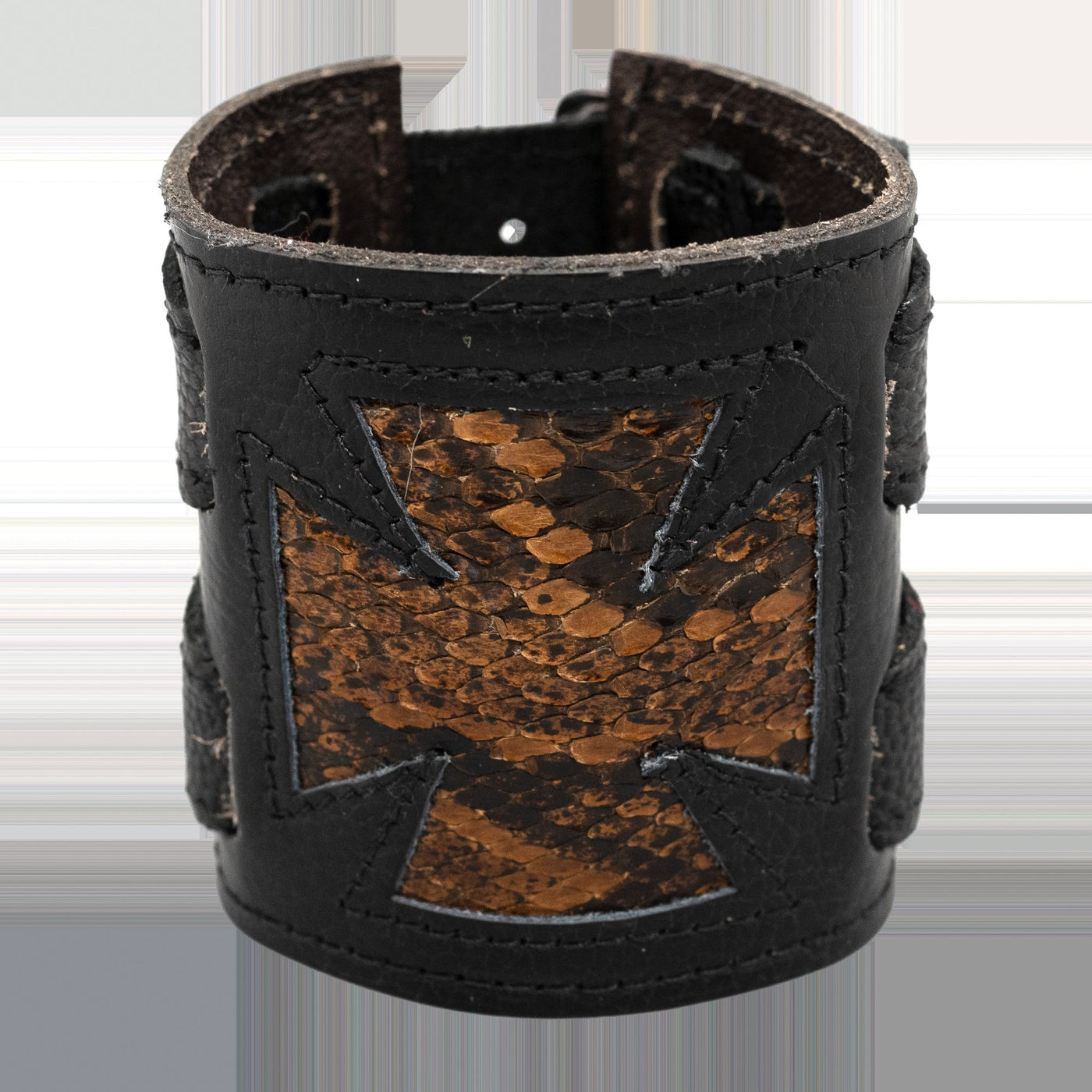 Handmade Leather wristband with a real vintage snakeskin Iron cross inlay. Attached with 2 buckles, so fully adjustable