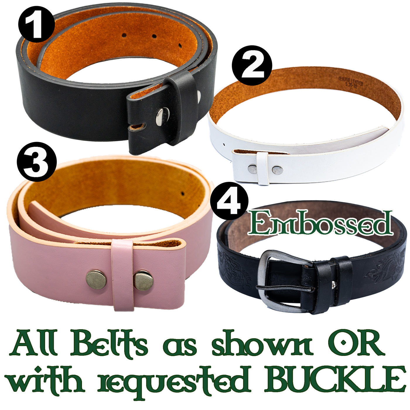 Leather & Bonded Leather Belts in a variety of colours, designs & sizes.