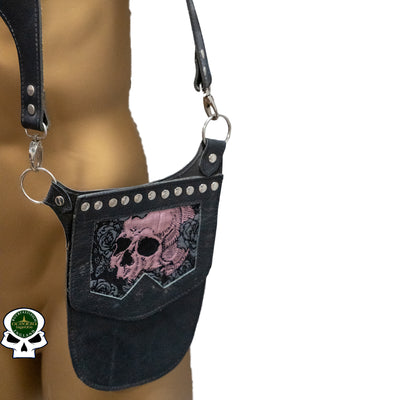 Real Leather back holster to keep your belongings and vaulables safe.  It has an adjustable strap with buckles at the front with chrome effect studs in various places, rings that sit on the shoulders and another buckle securing at the back.  on the side is a decorative pouch for your valuables to keep them out of site.  This one has a purple real python snakeskin
