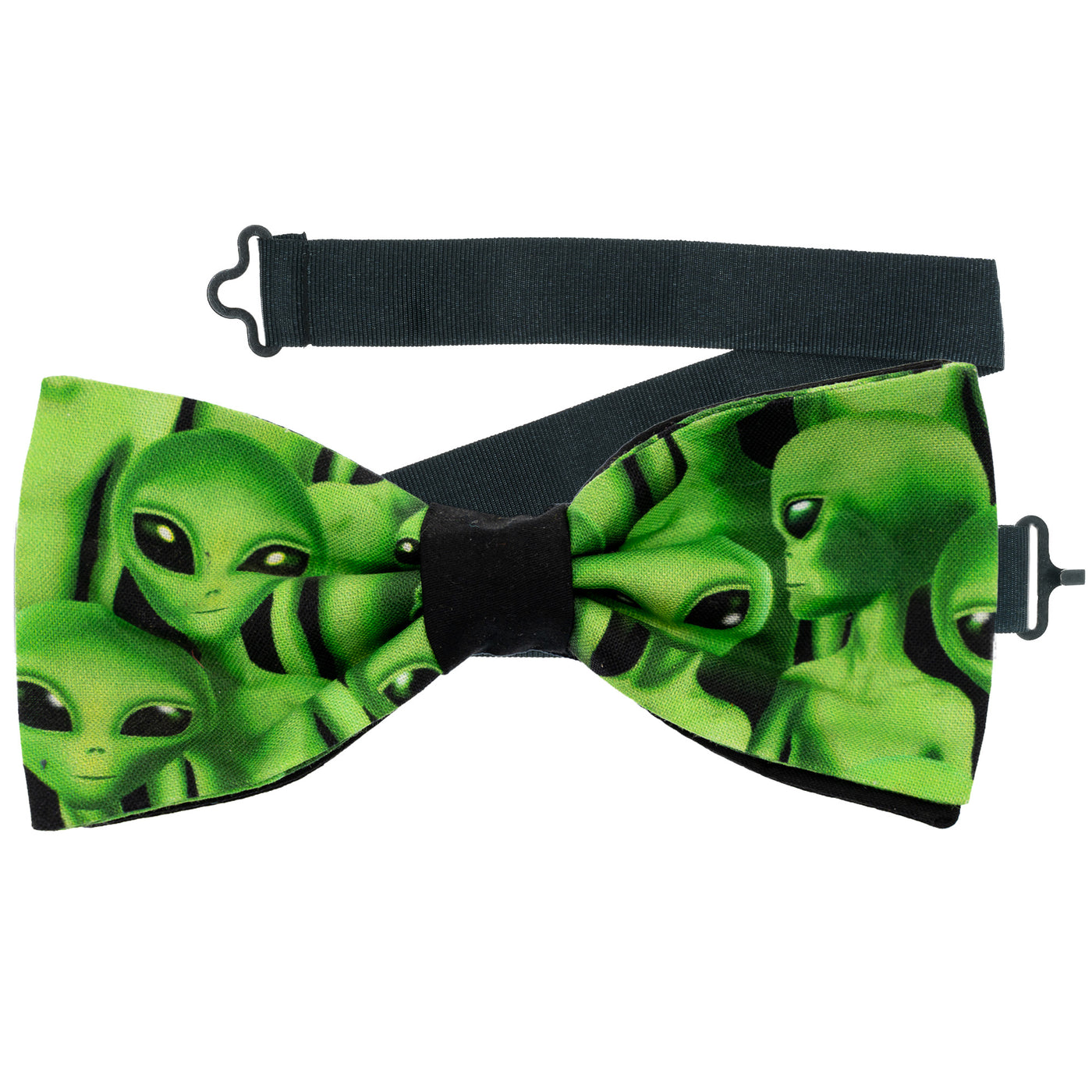 Handmade pre-tied bow tie.  The bow tie is on a sliding ribbon to place and attach easily. Handmade from 100% Cotton.  Great Design covered in little green men! 