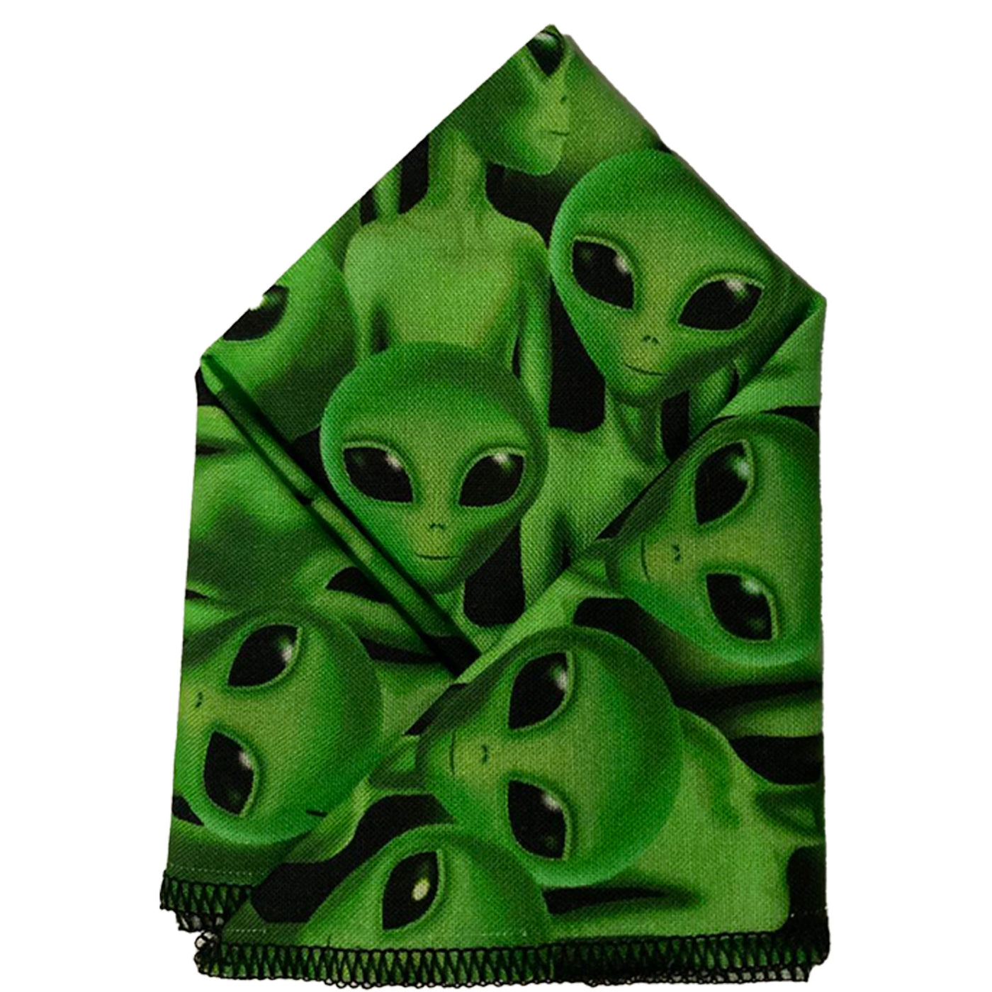 Black fabric covered in green aliens! Pre-folded pocket square which is  25cm x 25cm, pre-folded so just pop it straight in your pocket. Handmade from 100% Cotton