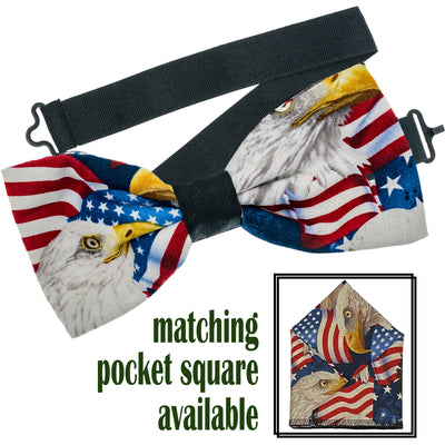 Great patriotic design with USA flags & Bald Eagle heads Handmade bow tie & pocket square.  The bow tie is on a sliding ribbon. The pocket square is  25 cmx 25 cm, pre-tied so just pop it straight in your pocket. Handmade from 100% Cotton