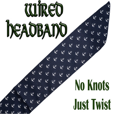Anchor design with white anchors in rows on royal blue fabric.  Handmade wired headband made from 100% cotton.  No knots required, just wrap around your head and twist the band to secure in place.  You can either wear it as a flat band or with a knot at the front or the side.
