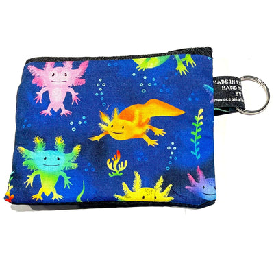 Axolotl coin & card purse, handmade from 100% cotton.  Bright and vibrant colours, lots of fun creatures to choose from