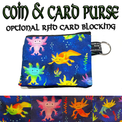 Axolotl coin & card purse, handmade from 100% cotton.  Bright and vibrant colours, lots of fun creatures to choose from