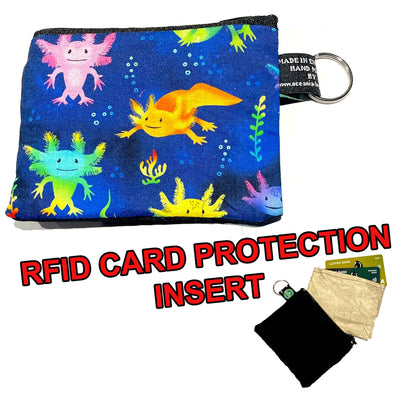 Axolotl coin & card purse, handmade from 100% cotton.  Bright and vibrant colours, lots of fun creatures to choose from with RFID insert to block card scanners and scammers