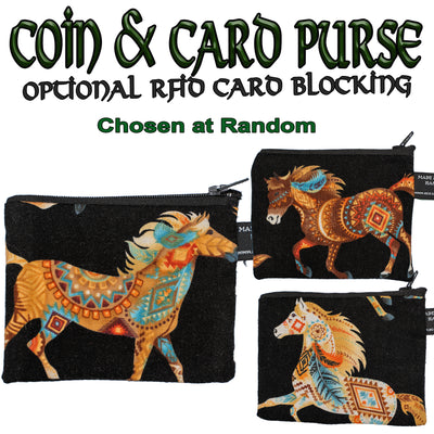 Coin & Card Purse with a wild horse with a detailed aztec design painted on him.  Design on one side and black cotton on the reverse.  With an optional RFID Insert to block scanners