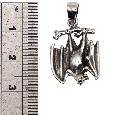 Silver Bat Pendant, Hanging from a branch.  Handmade from 925 sterling silver.  It comes with a black cord or you can choose a silver chain