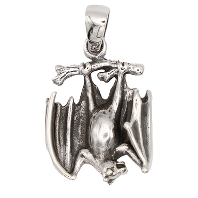 Silver Bat Pendant, Hanging from a branch.  Handmade from 925 sterling silver.  It comes with a black cord or you can choose a silver chain